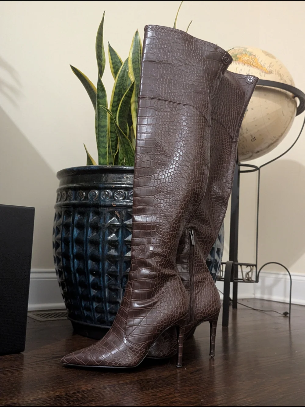 Gibson Dark Brown Croc-Embossed Over-the-Knee Stiletto Boots